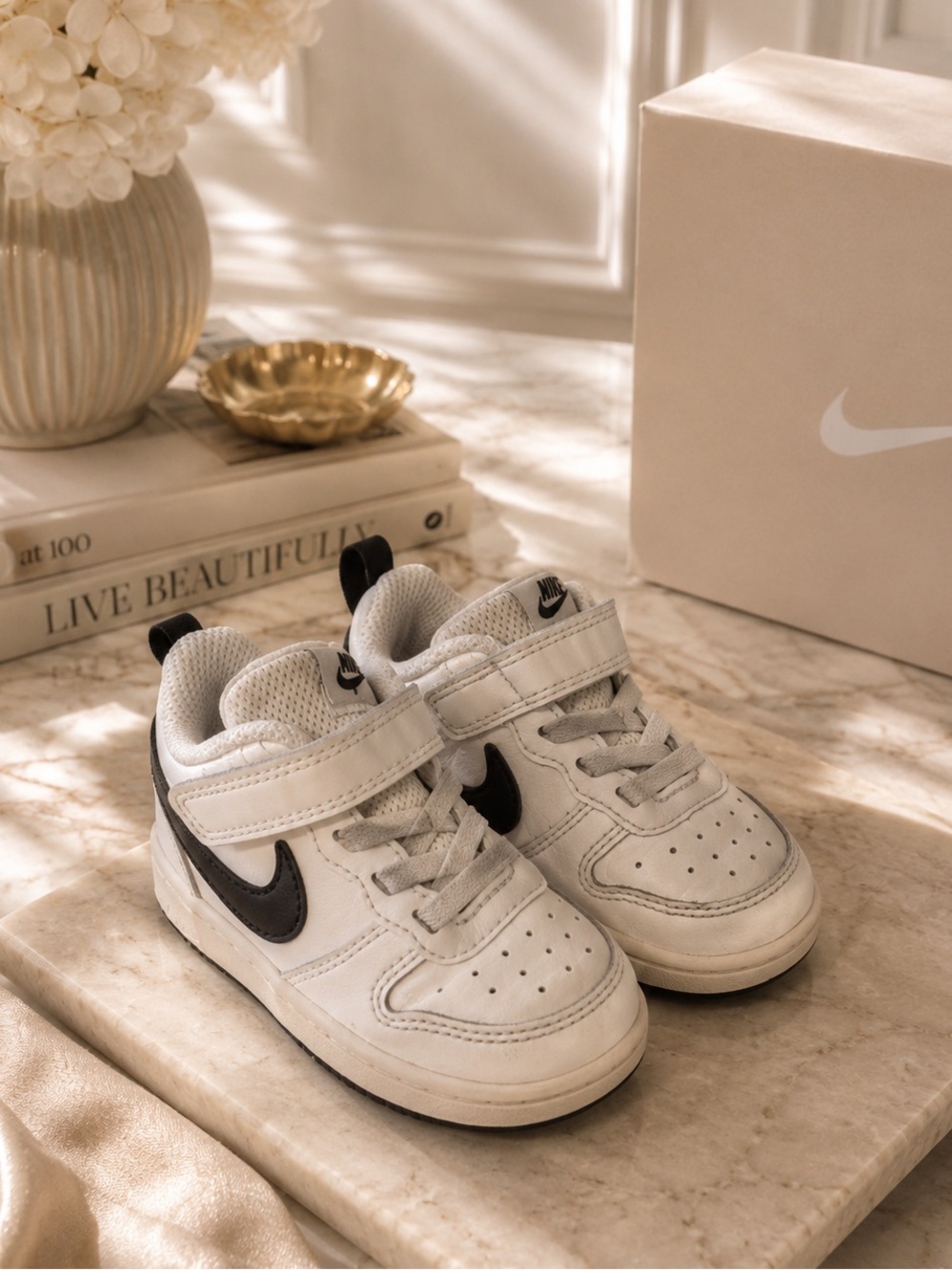 Nike Court Borough Low Toddler White Black BQ5453-104 Size 6C